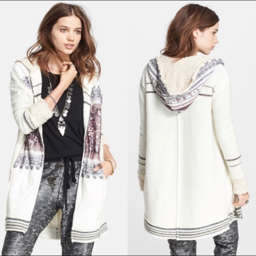 Free People Alpine Escape Ivory Comb Long Hooded Zip up Sweater Size L